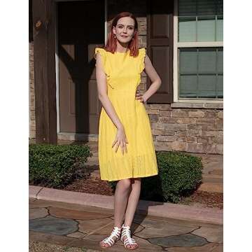 ECOWISH Women's Summer Dresses 2025 Elegant Lady Wedding Guest Cocktail Ruffle Cap Sleeves A-Line Office Midi Dress Yellow Large