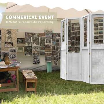 DURASPACE 4 Panel Room Divider 5.6 FT Pegboard Display Folding Wood Privacy Screen Pegboard Stand Organizer for Jewelry, Craft, Cloth, Art Display (White)