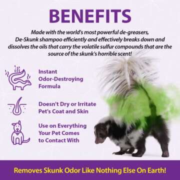 De-Skunk Odor Destroying Shampoo for Dogs, 32 oz. – Formulated with Powerful De-Greasers, Skunk Odor Remover for Pets, Carpet, Furniture and More – Removes Skunk Smell Fast