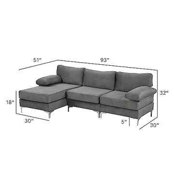 Casa Andrea Milano llc Modern Large Velvet Fabric Sectional Sofa, L-Shape Couch with Extra Wide Chai...