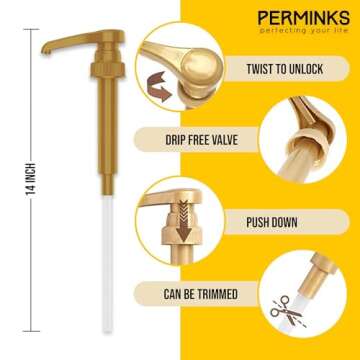 PERMINKS Premium Syrup Pump Compatible with Torani 750 ml Bottle, Davinci Syrups - No Spill, No Clog Syrup Pump Dispenser for Vanilla, Snow Cone, Blueberry, Coffee Flavoring & More (Pack of 4, Gold)