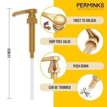 PERMINKS Premium Syrup Pump Compatible with Torani 750 ml Bottle, Davinci Syrups - No Spill, No Clog Syrup Pump Dispenser for Vanilla, Snow Cone, Blueberry, Coffee Flavoring & More (Pack of 4, Gold)