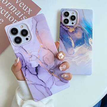 KERZZIL Cute Compatible with iPhone 13 Pro Max Case 6.7 Inch Square Edge, Slim Aesthetics Matte Marble Soft TPU Silicone Gel Protective Back Cases Cover Capa(Purple)
