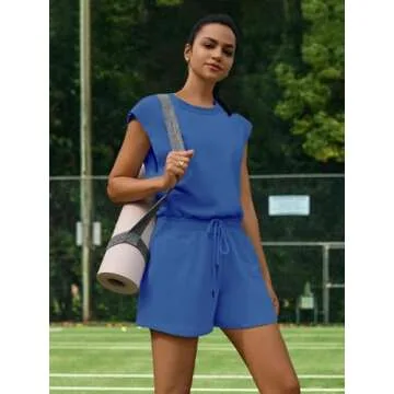 Panadila Womens Summer Athletic Romper Workout Onesie with Pockets Short Sleeve Jumpsuits Casual Open Back Top (Blue,M)