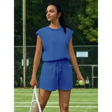 Panadila Womens Summer Athletic Romper Workout Onesie with Pockets Short Sleeve Jumpsuits Casual Open Back Top (Blue,M)