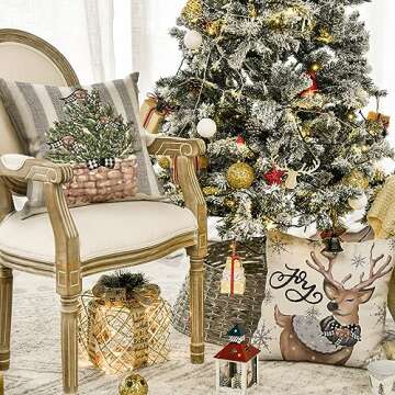 AVOIN colorlife Christmas Snowman Reindeer Gloves Eucalyptus Throw Pillow Covers, 20 x 20 Inch Winter Holiday Stripes Cushion Case Decoration for Sofa Couch Set of 4