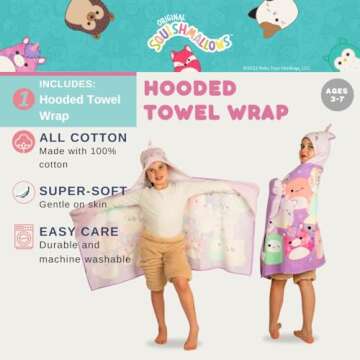 Squishmallows Kids Super Soft Bath/Pool/Beach Soft Cotton Terry Hooded Towel Wrap, 24 in x 50 in, (O...