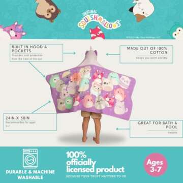 Squishmallows Kids Super Soft Bath/Pool/Beach Soft Cotton Terry Hooded Towel Wrap, 24 in x 50 in, (Officially Licensed Product) By Franco