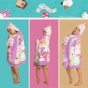 Squishmallows Kids Super Soft Bath/Pool/Beach Soft Cotton Terry Hooded Towel Wrap, 24 in x 50 in, (Officially Licensed Product) By Franco