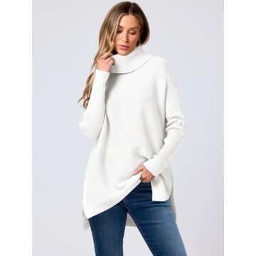 ANRABESS Women's Oversized Turtleneck Batwing Sleeve Spilt Casual Loose Knit Tunic Pullover Sweater Tops 2024 Fall Outfits White Large