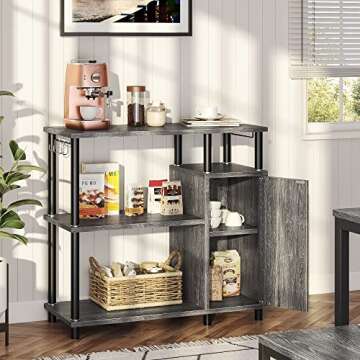 Bestier Kitchen Bakers Rack with Storage Industrial Microwave Oven Stand with Cabinet Coffee Station Kitchen Island Organizer Workstation with Hooks, Gray