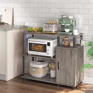 Bestier Kitchen Bakers Rack with Storage Industrial Microwave Oven Stand with Cabinet Coffee Station Kitchen Island Organizer Workstation with Hooks, Gray