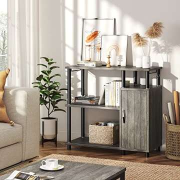 Bestier Kitchen Bakers Rack with Storage Industrial Microwave Oven Stand with Cabinet Coffee Station Kitchen Island Organizer Workstation with Hooks, Gray