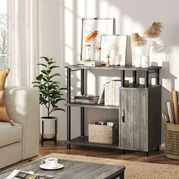 Bestier Kitchen Bakers Rack with Storage Industrial Microwave Oven Stand with Cabinet Coffee Station Kitchen Island Organizer Workstation with Hooks, Gray