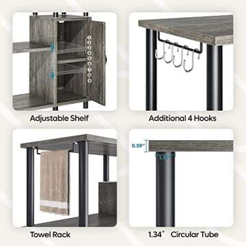 Bestier Kitchen Bakers Rack with Storage Industrial Microwave Oven Stand with Cabinet Coffee Station Kitchen Island Organizer Workstation with Hooks, Gray