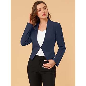 Allegra K Women's Collarless Cropped Blazer in Navy