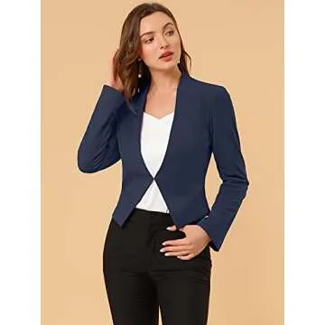 Allegra K Women's Collarless Cropped Blazer in Navy