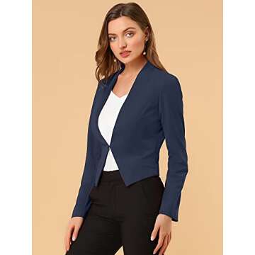 Allegra K Women's Collarless Cropped Blazer in Navy