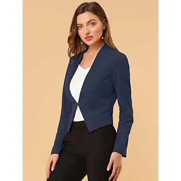 Allegra K Women's Collarless Cropped Blazer in Navy