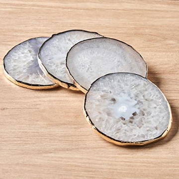 White Agate Coasters for Drinks, Crystal Coasters with Gold Edge 3.5-4", Geode Coaster Set of 4, Gem...