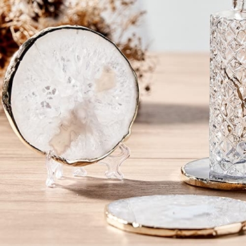 Elegant White Agate Coasters for Drinks Set of 4 with Gold Edge