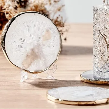Elegant White Agate Coasters for Drinks Set of 4 with Gold Edge