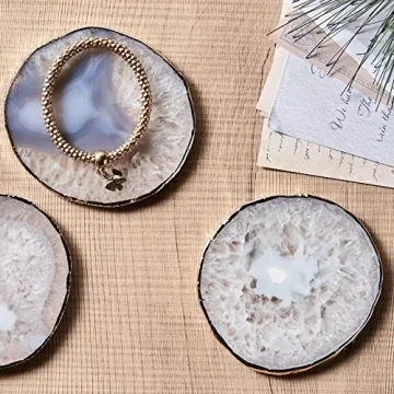 Elegant White Agate Coasters for Drinks Set of 4 with Gold Edge