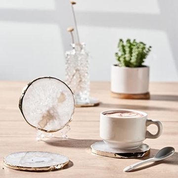 Elegant White Agate Coasters for Drinks Set of 4 with Gold Edge