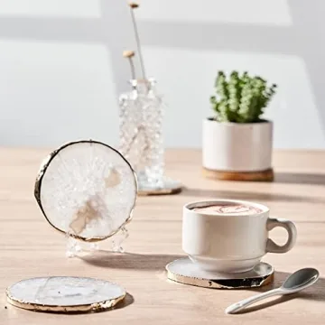 Elegant White Agate Coasters for Drinks Set of 4 with Gold Edge