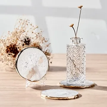 Elegant White Agate Coasters for Drinks Set of 4 with Gold Edge