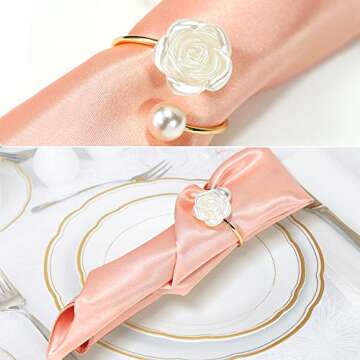 ACEWIS Pearl Rose Flower Napkin Rings,6 Pcs, Delicate and Elegant Serviette Buckle Holder for Family Gathering,Dinners,Holidays,Dining Table Decor,Wedding Adornment and Casual or Formal Occasions