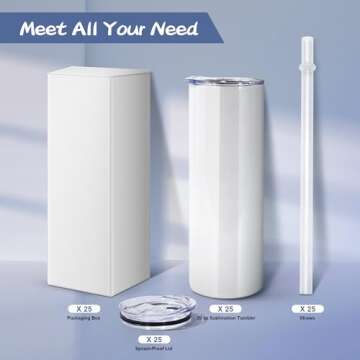 CHLJAR Sublimation Tumblers Bulk 20 oz Skinny, 25 Pack Stainless Steel Double Wall Insulated Straigh...