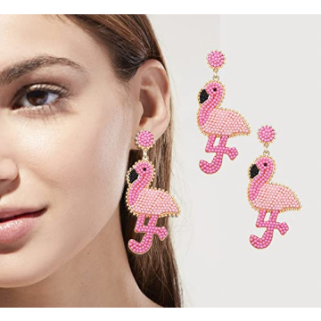 Handmade Boho Beaded Flamingo Earrings for Summer