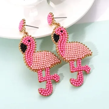 Handmade Boho Beaded Flamingo Earrings for Summer