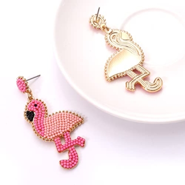 Handmade Boho Beaded Flamingo Earrings for Summer