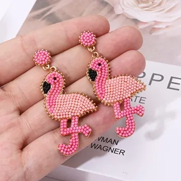 Handmade Boho Beaded Flamingo Earrings for Summer