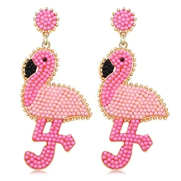 Handmade Boho Beaded Flamingo Earrings for Summer