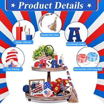 Yulejo 11 Pieces 4th of July Tiered Tray Decor with LED Lights Patriotic Wooden Signs God Bless Amer...