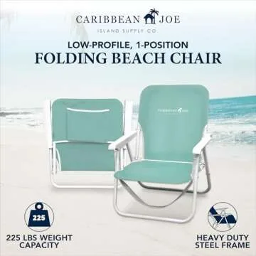 Caribbean Joe Folding Beach Chair, 1 Position Lightweight and Portable Foldable Outdoor Camping Chair with Carry Strap, Mint