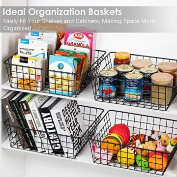 Wire Storage Baskets for Organizing, Vtopmart 4 Pack Metal Wire Freezer Organizer Bins with Handles, Large Pantry Baskets for Kitchen Cabinets, Bathroom, Laundry, Garage, Black