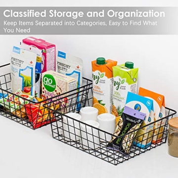 Wire Storage Baskets for Organizing, Vtopmart 4 Pack Metal Wire Freezer Organizer Bins with Handles, Large Pantry Baskets for Kitchen Cabinets, Bathroom, Laundry, Garage, Black