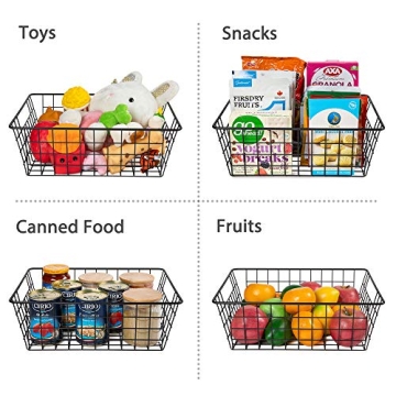 Wire Storage Baskets for Organizing, Vtopmart 4 Pack Metal Wire Freezer Organizer Bins with Handles, Large Pantry Baskets for Kitchen Cabinets, Bathroom, Laundry, Garage, Black