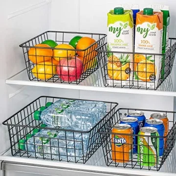 Wire Storage Baskets for Organizing, Vtopmart 4 Pack Metal Wire Freezer Organizer Bins with Handles, Large Pantry Baskets for Kitchen Cabinets, Bathroom, Laundry, Garage, Black