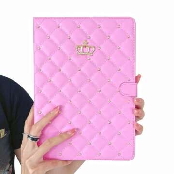 Poeme Creation Case for iPad 10th Generation 10.9" 2022, PU Leather Crown Bling Folio Stand Cover with Built-in Apple Pencil Holder and Multiple Viewing Angles (Pink)