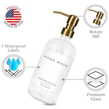 Emerson Soap Dispenser, Dish Soap Dispenser for Kitchen - Soap Dispenser Bathroom Set, Hand Soap Dispenser, Kitchen Soap Dispenser Set, Glass Soap Dispenser with Pump and Labels, 16 Oz | 2-Pack