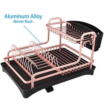Tomorotec Never Rust Aluminum Dish Rack and Drain Board with Utensil Holder, 2-Tier Kitchen Plate Cup Dish Drying Rack Tray Cutlery Dish Drainer (Matt Rose Gold)