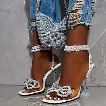 YIYA Women's Clear Pearl Heels for Parties and Weddings