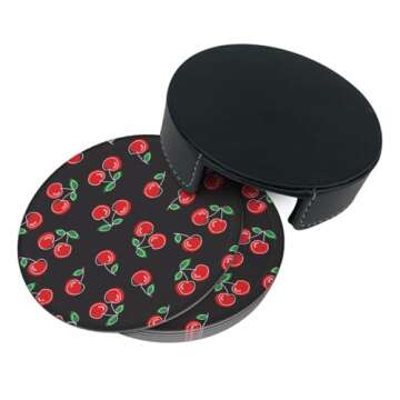 Red Black Fruit Cherry Coasters for Drinks Round Leather Coaster with Holder Set of 6 for Tabletop P...