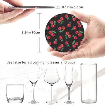 Red Black Fruit Cherry Coasters for Drinks Round Leather Coaster with Holder Set of 6 for Tabletop Protection Desk Accessories Office Home Room Decor