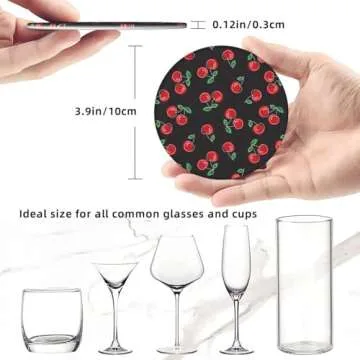 Red Black Fruit Cherry Coasters for Drinks Round Leather Coaster with Holder Set of 6 for Tabletop Protection Desk Accessories Office Home Room Decor
